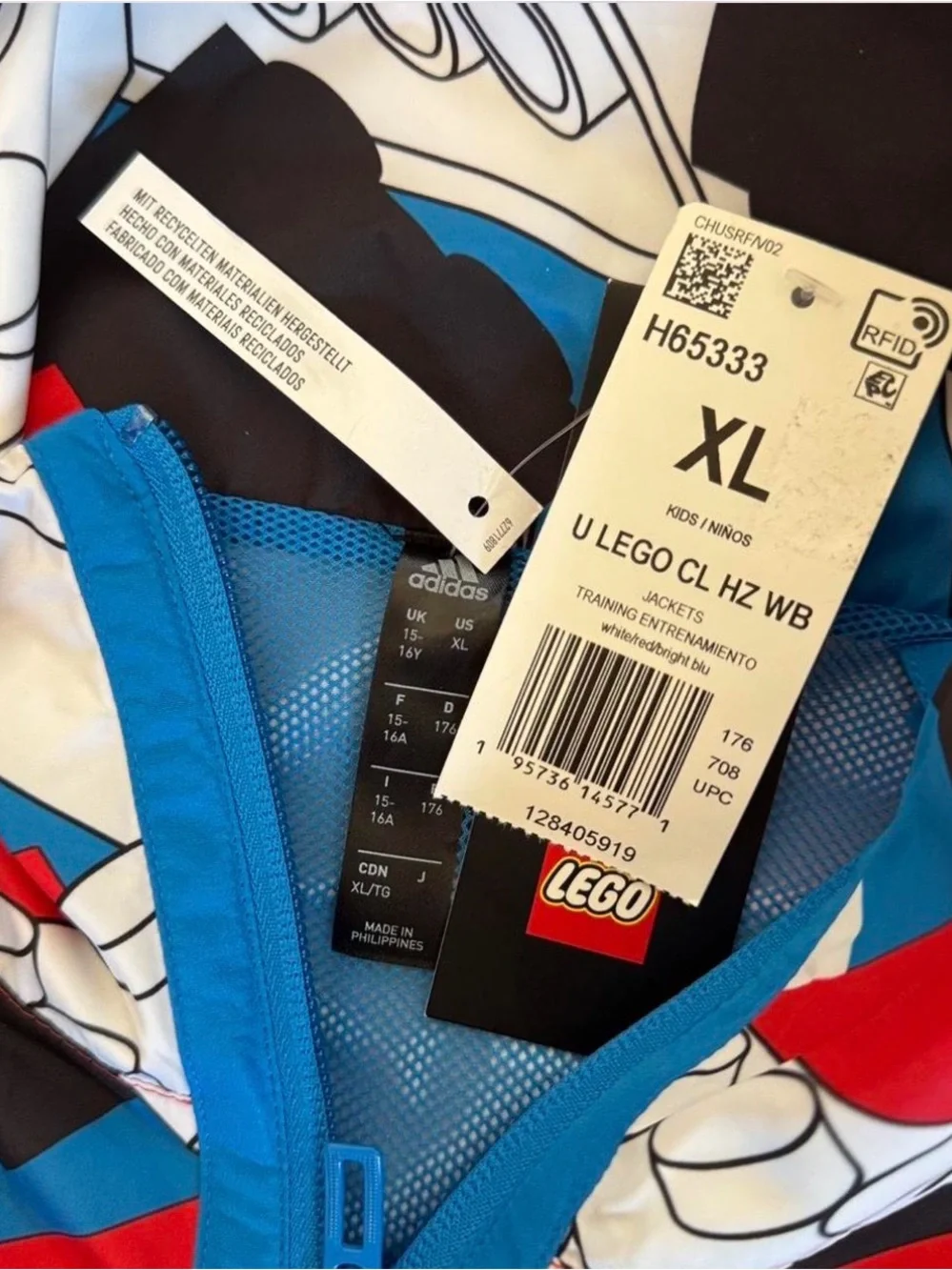 adidas Kids Colorblock Brick-Print Pullover Jacket - Red, Blue, Black, White